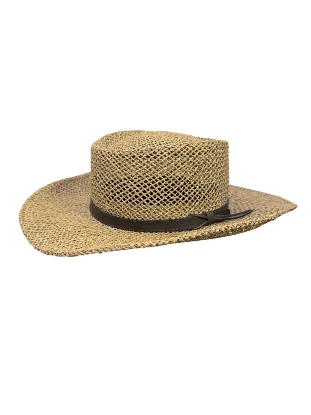 Stetson Straw Hat Brown Wide Brim With Leather Band S/M